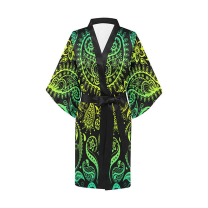 Paisley Green Design Print Women Short Kimono Robe
