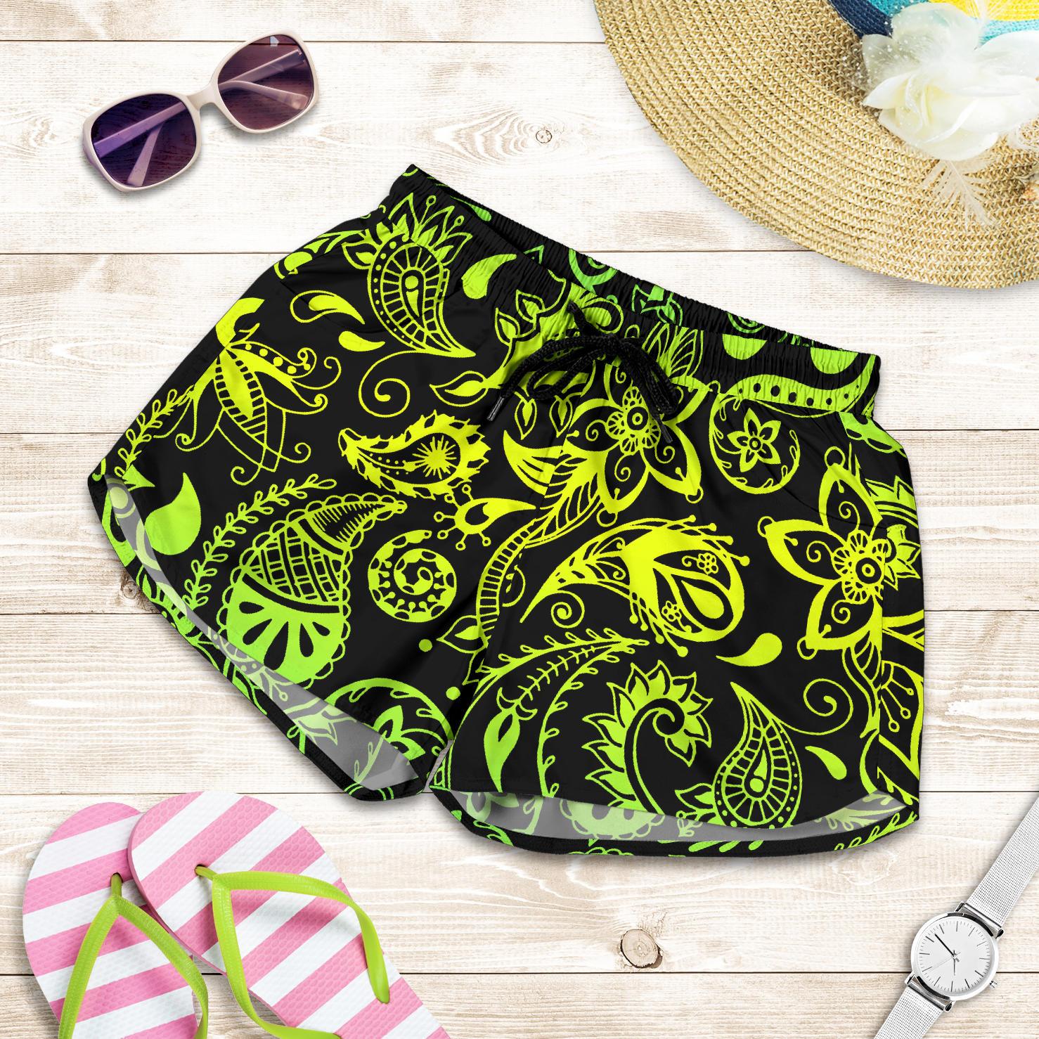 Paisley Green Design Print Women Shorts-JTAMIGO.COM