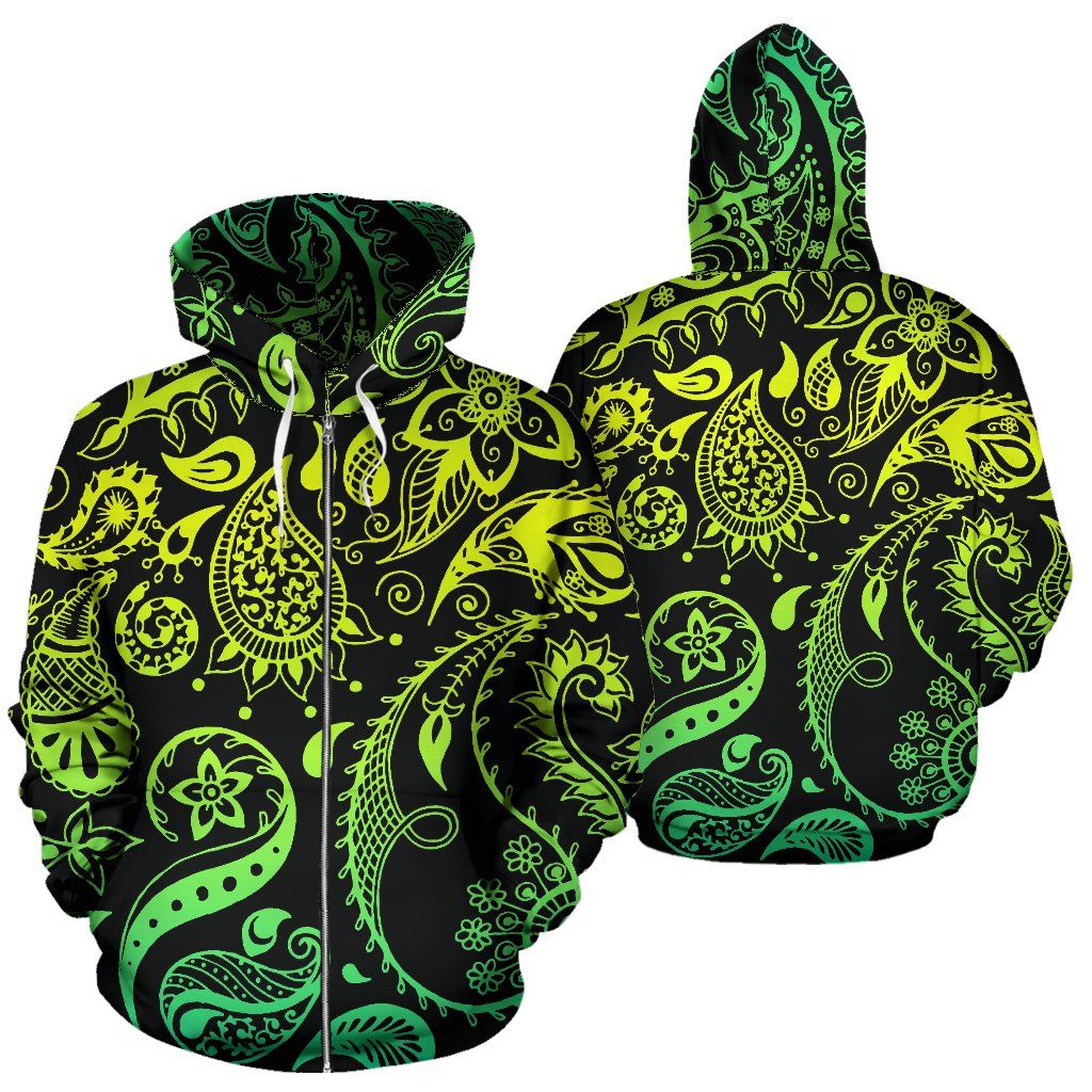 Paisley Green Design Print Zip Up Hoodie