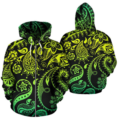 Paisley Green Design Print Zip Up Hoodie