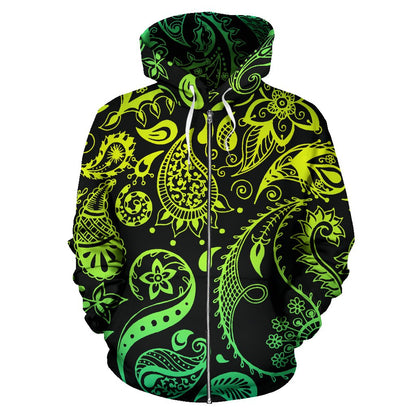 Paisley Green Design Print Zip Up Hoodie