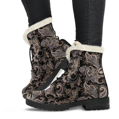 Paisley Mandala Design Print Faux Fur Leather Boots-JTAMIGO.COM