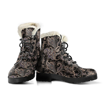 Paisley Mandala Design Print Faux Fur Leather Boots-JTAMIGO.COM