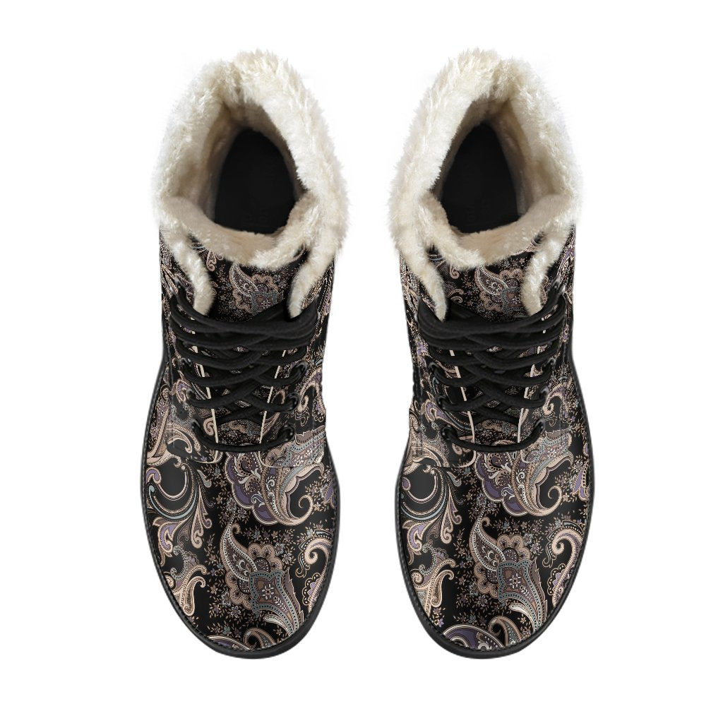 Paisley Mandala Design Print Faux Fur Leather Boots-JTAMIGO.COM