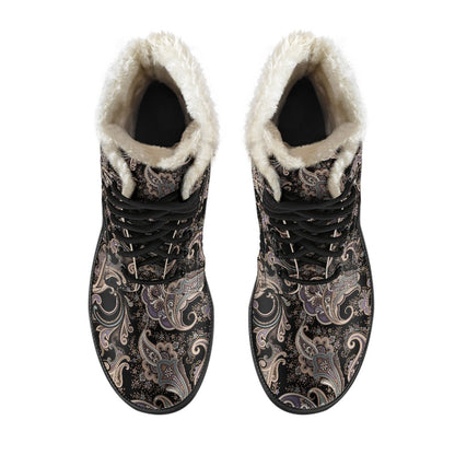 Paisley Mandala Design Print Faux Fur Leather Boots-JTAMIGO.COM