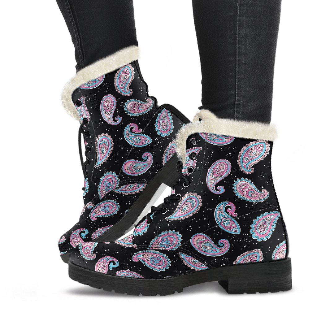 Paisley Pink Design Mandala Print Faux Fur Leather Boots-JTAMIGO.COM