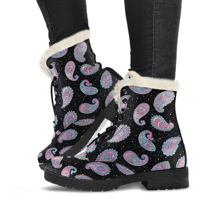 Paisley Pink Design Mandala Print Faux Fur Leather Boots-JTAMIGO.COM