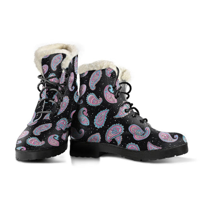 Paisley Pink Design Mandala Print Faux Fur Leather Boots-JTAMIGO.COM