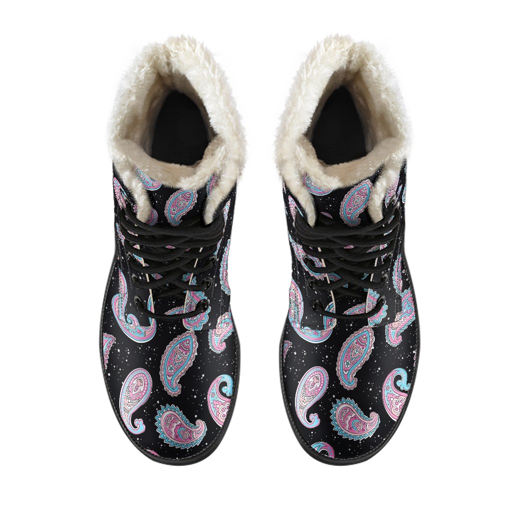 Paisley Pink Design Mandala Print Faux Fur Leather Boots-JTAMIGO.COM