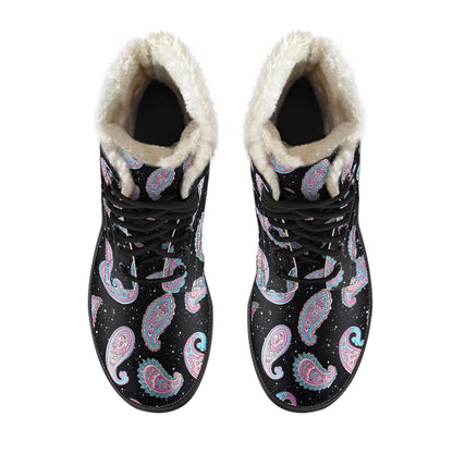 Paisley Pink Design Mandala Print Faux Fur Leather Boots-JTAMIGO.COM