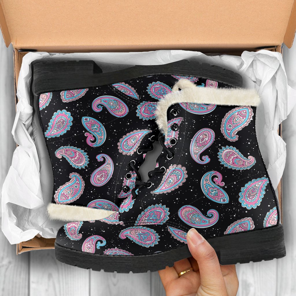Paisley Pink Design Mandala Print Faux Fur Leather Boots-JTAMIGO.COM