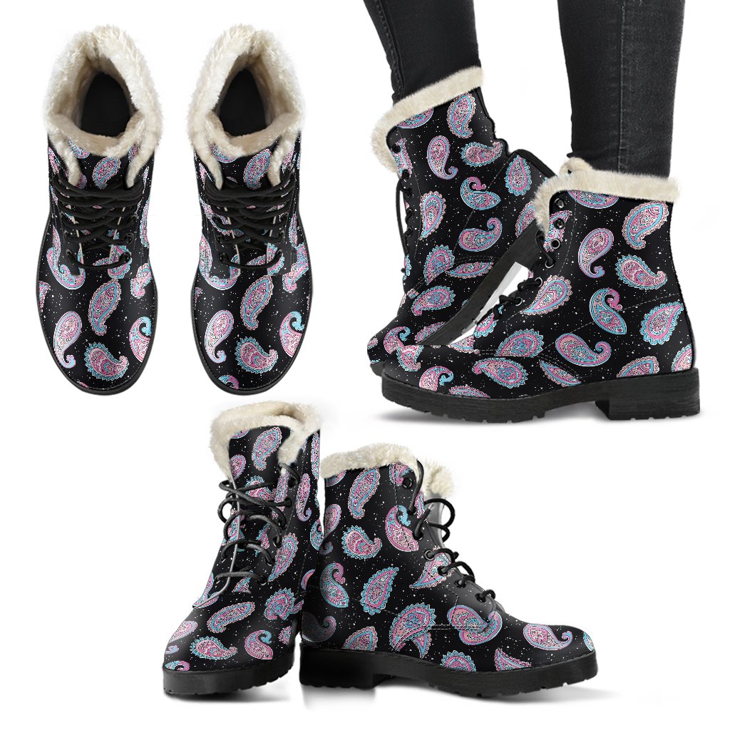 Paisley Pink Design Mandala Print Faux Fur Leather Boots-JTAMIGO.COM