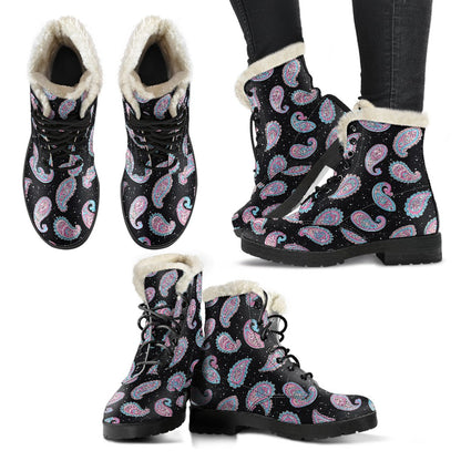 Paisley Pink Design Mandala Print Faux Fur Leather Boots-JTAMIGO.COM