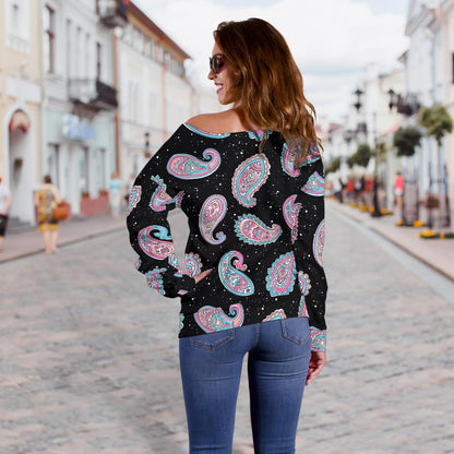Paisley Pink Design Mandala Print Off Shoulder Sweatshirt