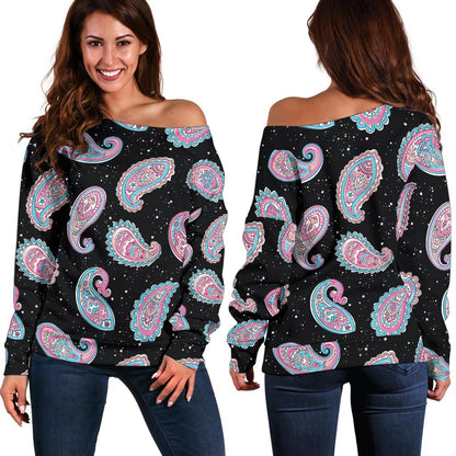 Paisley Pink Design Mandala Print Off Shoulder Sweatshirt