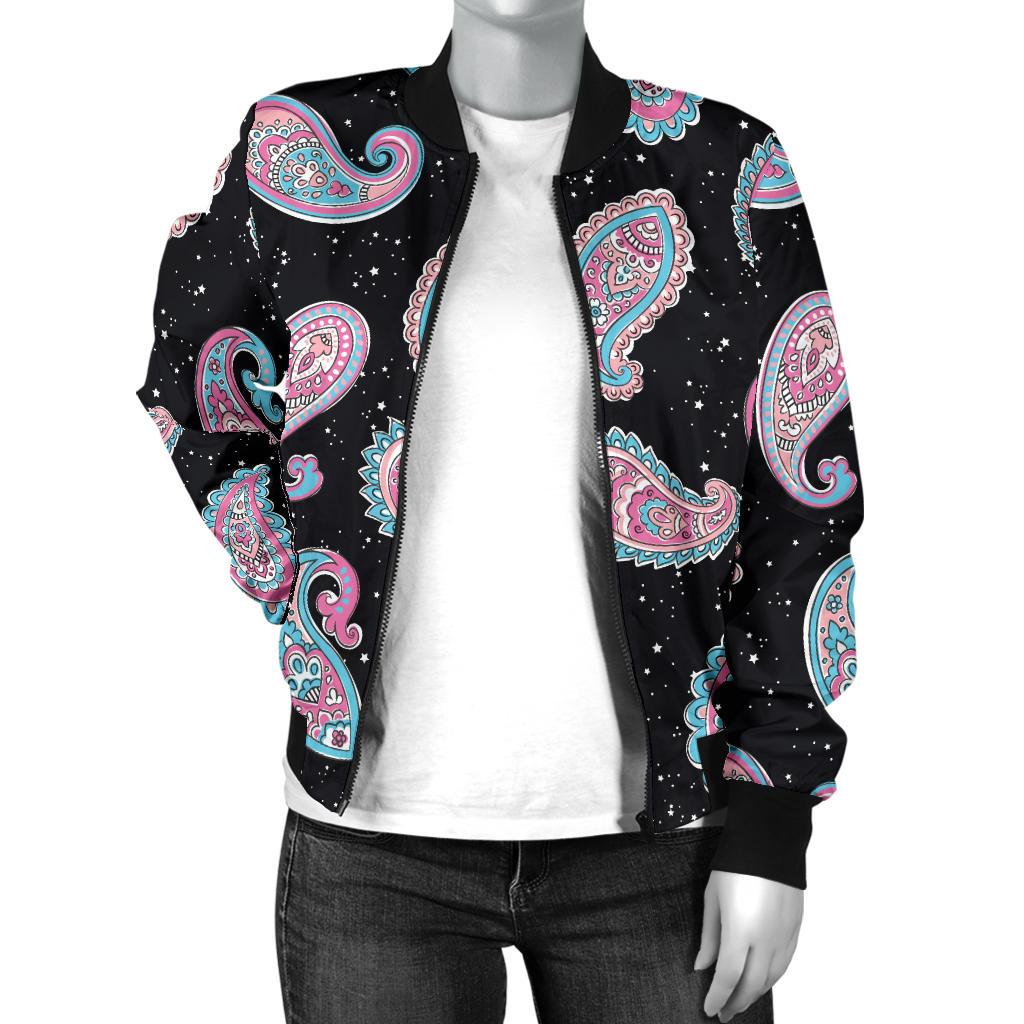 Paisley Pink Design Mandala Print Women Casual Bomber Jacket