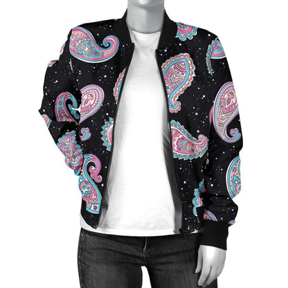 Paisley Pink Design Mandala Print Women Casual Bomber Jacket
