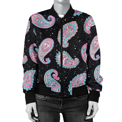 Paisley Pink Design Mandala Print Women Casual Bomber Jacket