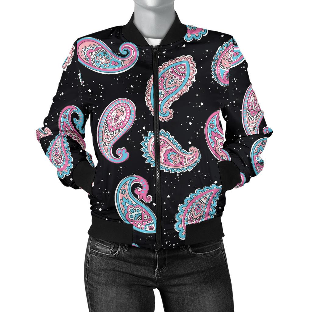 Paisley Pink Design Mandala Print Women Casual Bomber Jacket