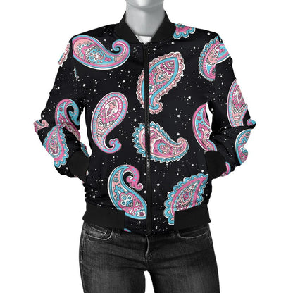 Paisley Pink Design Mandala Print Women Casual Bomber Jacket