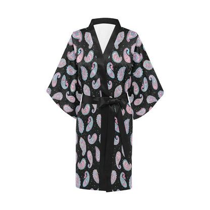 Paisley Pink Design Mandala Print Women Short Kimono Robe