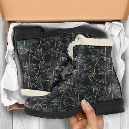 Palm Tree Background Design Print Faux Fur Leather Boots-JTAMIGO.COM