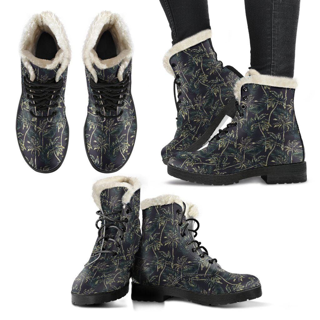 Palm Tree Background Design Print Faux Fur Leather Boots-JTAMIGO.COM