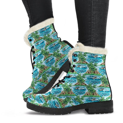 Palm Tree Hawaiian Themed Design Print Faux Fur Leather Boots-JTAMIGO.COM