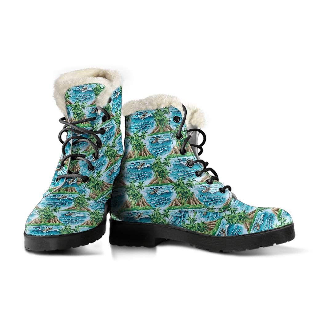 Palm Tree Hawaiian Themed Design Print Faux Fur Leather Boots-JTAMIGO.COM