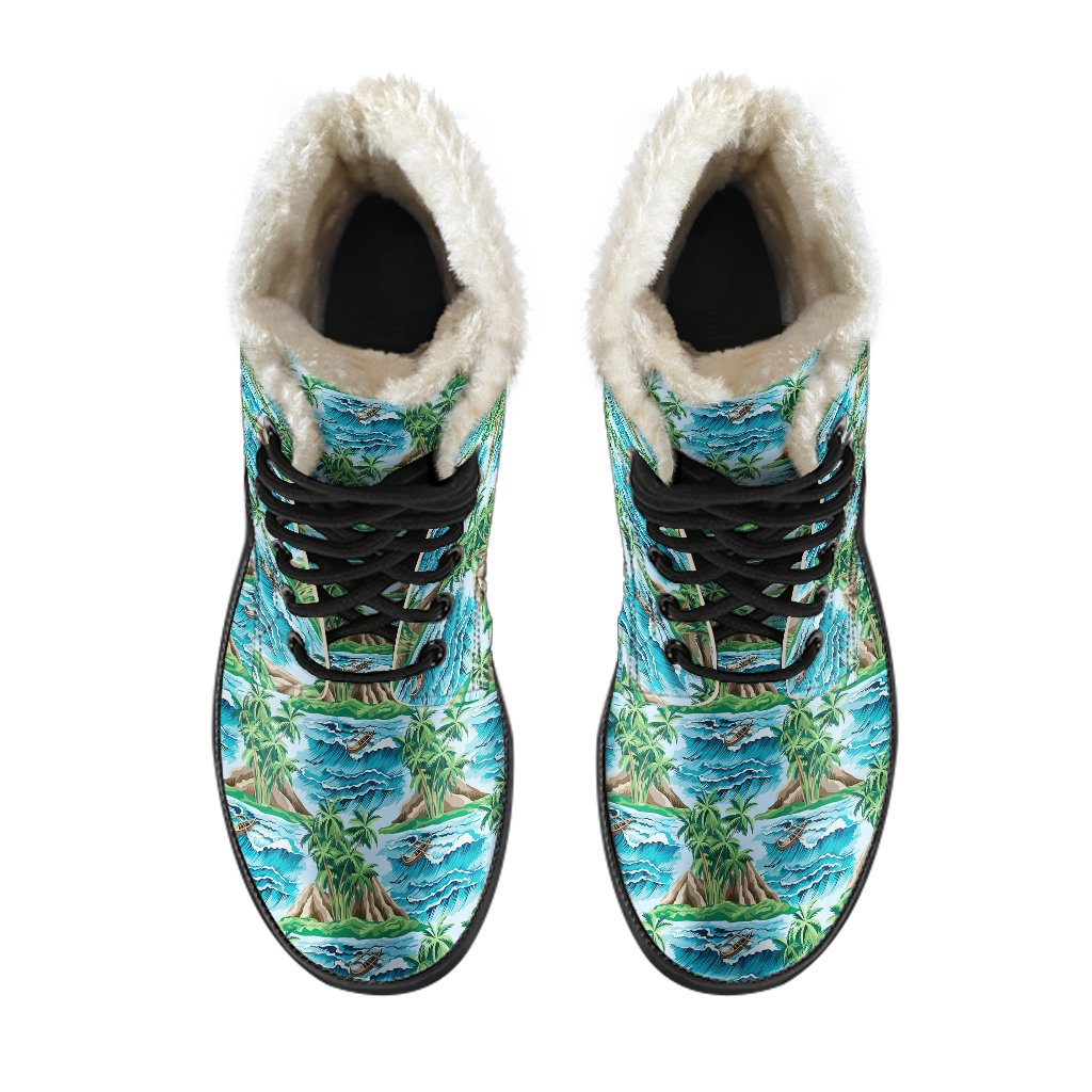 Palm Tree Hawaiian Themed Design Print Faux Fur Leather Boots-JTAMIGO.COM