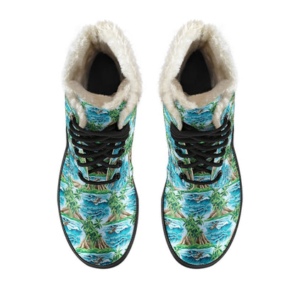 Palm Tree Hawaiian Themed Design Print Faux Fur Leather Boots-JTAMIGO.COM
