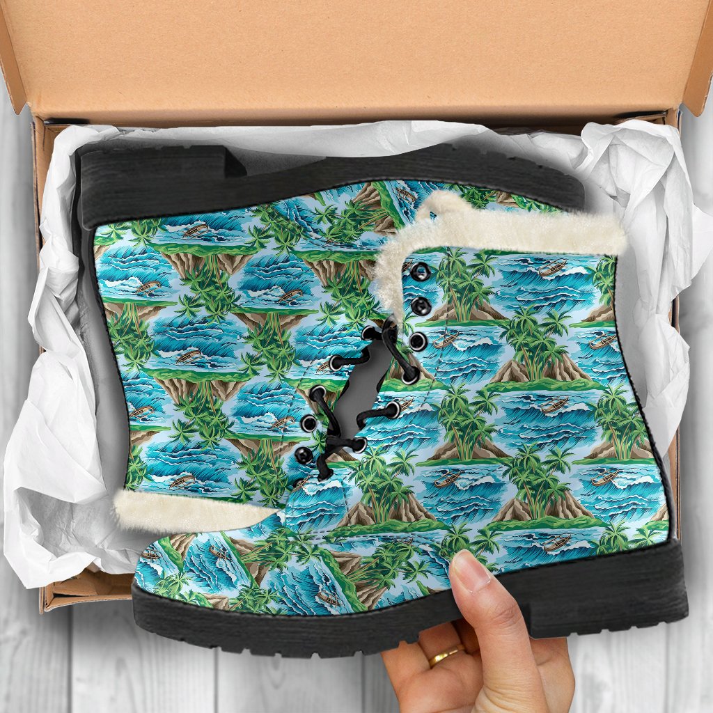 Palm Tree Hawaiian Themed Design Print Faux Fur Leather Boots-JTAMIGO.COM
