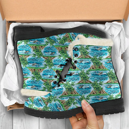 Palm Tree Hawaiian Themed Design Print Faux Fur Leather Boots-JTAMIGO.COM