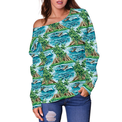 Palm Tree Hawaiian Themed Design Print Off Shoulder Sweatshirt