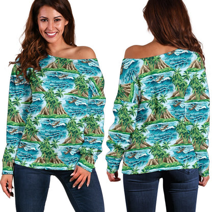 Palm Tree Hawaiian Themed Design Print Off Shoulder Sweatshirt