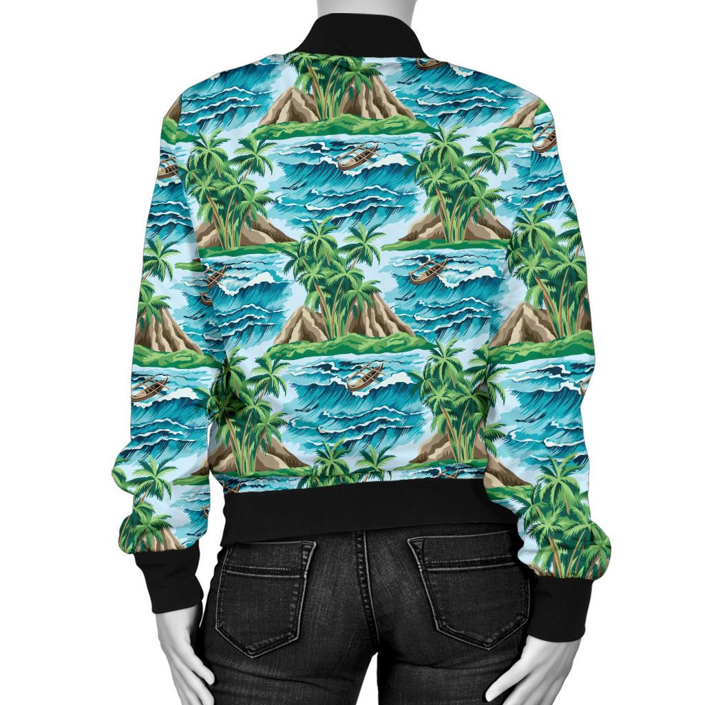 Palm Tree Hawaiian Themed Design Print Women Casual Bomber Jacket