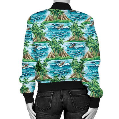 Palm Tree Hawaiian Themed Design Print Women Casual Bomber Jacket