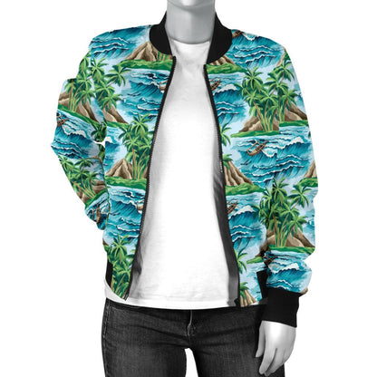 Palm Tree Hawaiian Themed Design Print Women Casual Bomber Jacket
