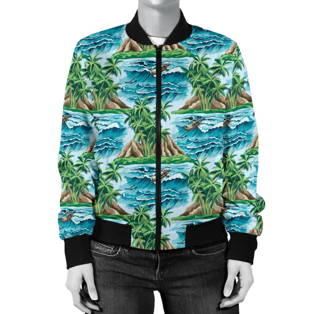Palm Tree Hawaiian Themed Design Print Women Casual Bomber Jacket