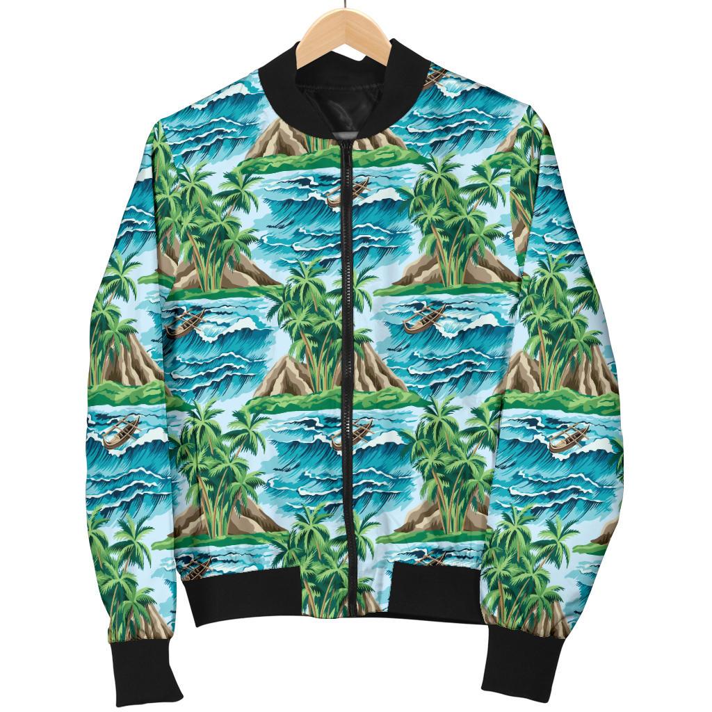 Palm Tree Hawaiian Themed Design Print Women Casual Bomber Jacket