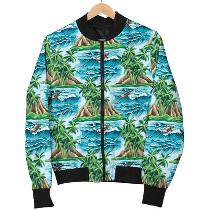 Palm Tree Hawaiian Themed Design Print Women Casual Bomber Jacket