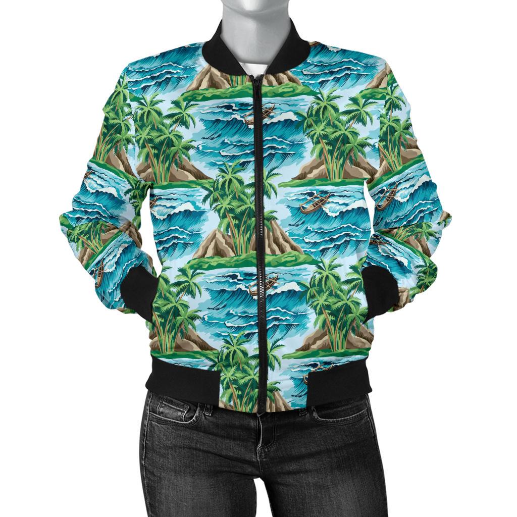 Palm Tree Hawaiian Themed Design Print Women Casual Bomber Jacket