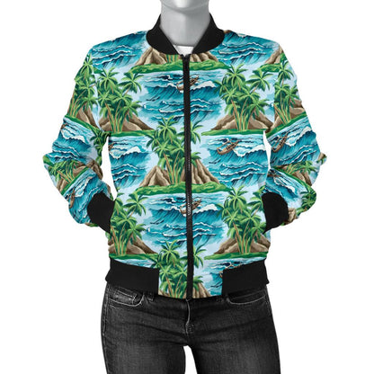 Palm Tree Hawaiian Themed Design Print Women Casual Bomber Jacket