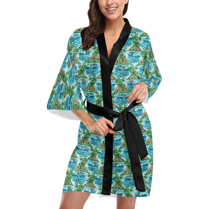 Palm Tree Hawaiian Themed Design Print Women Short Kimono Robe