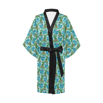 Palm Tree Hawaiian Themed Design Print Women Short Kimono Robe