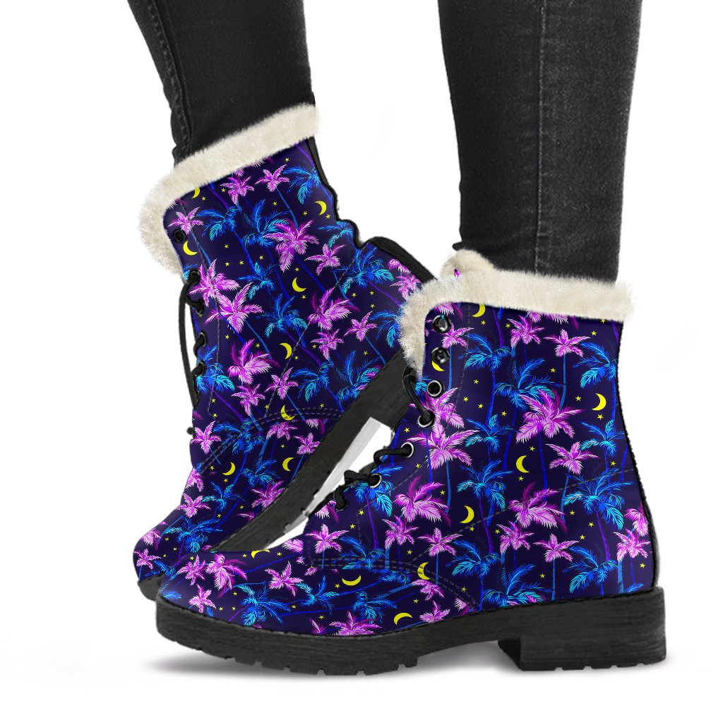 Palm Tree Night Scene Design Print Faux Fur Leather Boots-JTAMIGO.COM