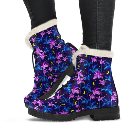 Palm Tree Night Scene Design Print Faux Fur Leather Boots-JTAMIGO.COM