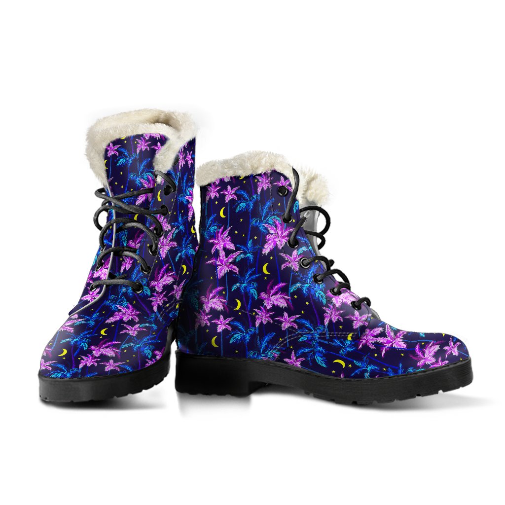 Palm Tree Night Scene Design Print Faux Fur Leather Boots-JTAMIGO.COM