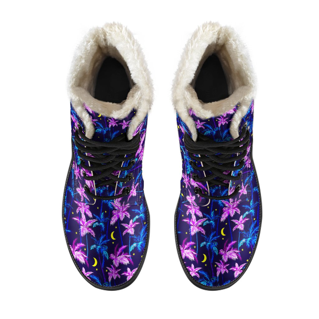 Palm Tree Night Scene Design Print Faux Fur Leather Boots-JTAMIGO.COM