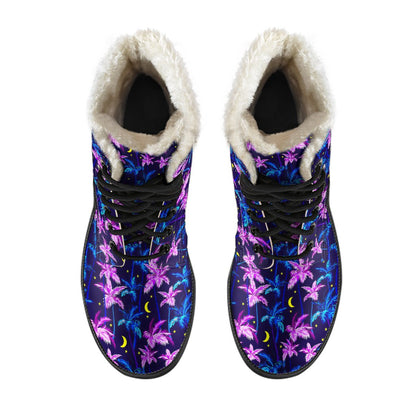 Palm Tree Night Scene Design Print Faux Fur Leather Boots-JTAMIGO.COM
